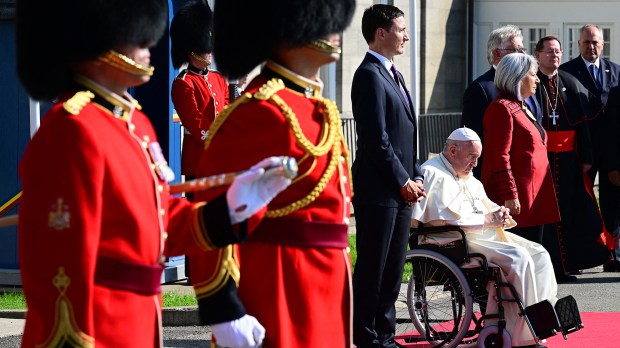 Canadian-Prime-Minister-Justin-Trudeau-greets-Pope-Francis-as-he-arrives-at-the-Citadelle-de-Quebec-AFP