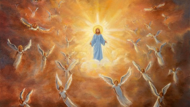 Jezus Chrystus w niebie otoczony przez aniołów