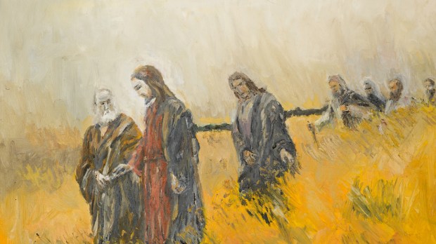 dipinto ad olio raffigurante una scena religiosa Gesù Cristo e i suoi discepoli su un prato